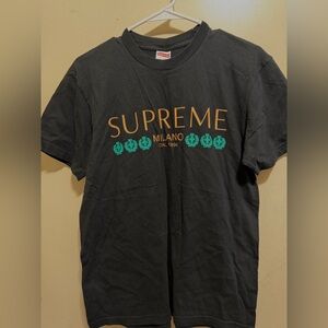 Supreme Milano Black Tee with Orange and Teal Graphics